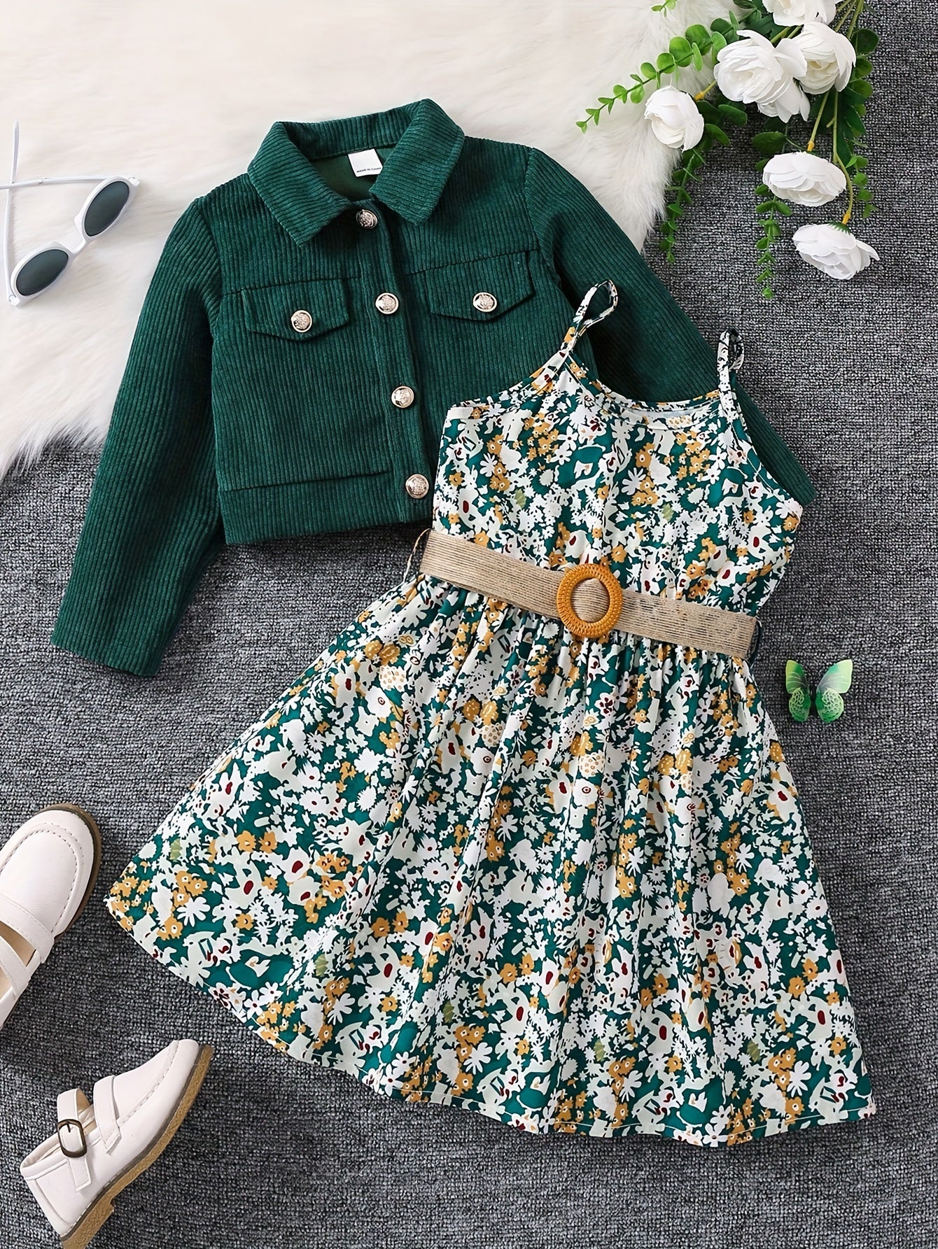 Vintage Floral Set Girls Outfit, Lady Style A-line Cami Dress + Corduroy Cardigan Jacket Two-piece Set For Spring/Fall