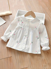 Adorable Girls Delicate Ruffle Flower Embroidered Shirt - Stylish Button Front for Spring & Fall Parties - Versatile Wardrobe Essential