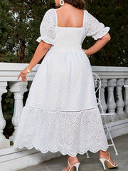 Plus Size Eyelet Puff Sleeve Dress, Elegant Scallop Trim Split Dress For Spring & Summer, Women's Plus Size Clothing