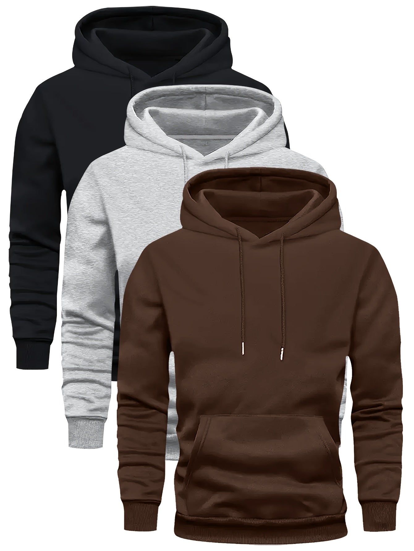 Men's 3-pack Set Of Solid Hooded Long Sleeve Fleece Sweatshirts With Kangaroo Pocket, Spring And Fall Trendy Hoodies For Daily Outings