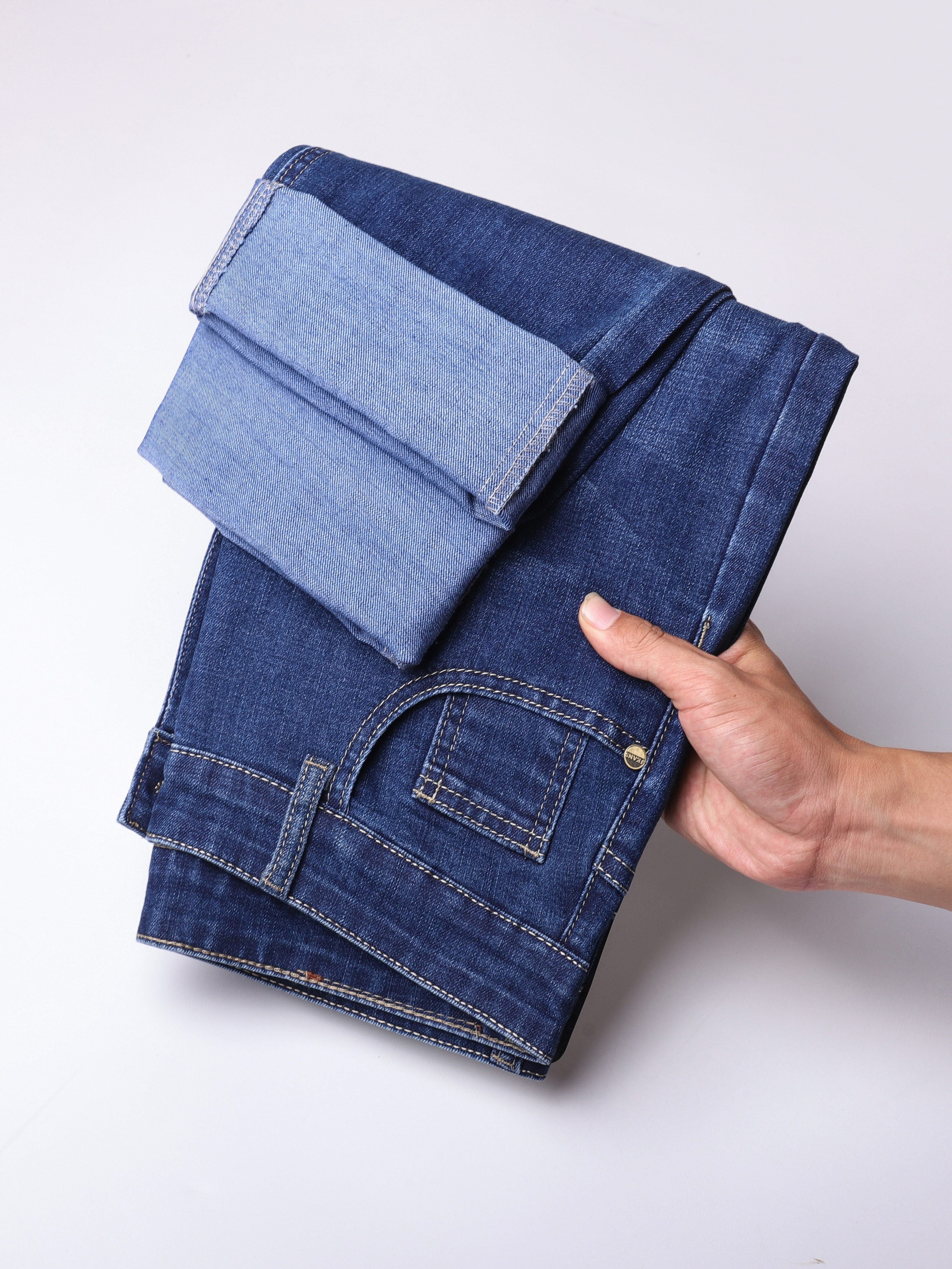 Men's Solid Denim Pants With Pockets, Formal Cotton Blend Jeans For Summer Outdoor Activities