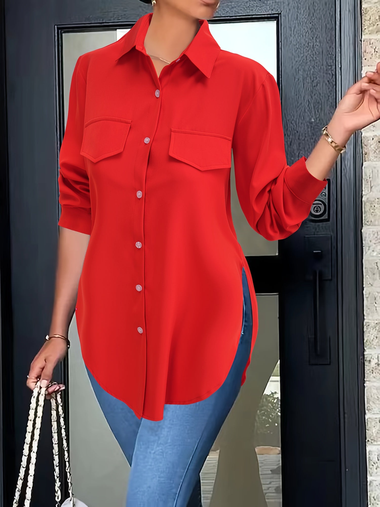 Solid Button Front Simple Shirt, Versatile Shirt For Spring & Fall, Women's Clothing