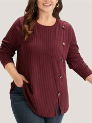 Plus Size Ribbed Split T-Shirt, Casual Crew Neck Long Sleeve T-Shirt, Women's Plus Size Clothing