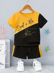 2pcs Boys Casual DAD+ME Letter And Fist Print Comfortable Versatile Short Sleeve T-shirt & Shorts Set, Cool, Lightweight And Comfy Summer Clothes!