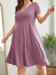 Plus Size Solid Button Front Swing Dress, Casual Short Sleeve V Neck Knee Length Dress For Spring & Summer, Women's Plus Size Clothing