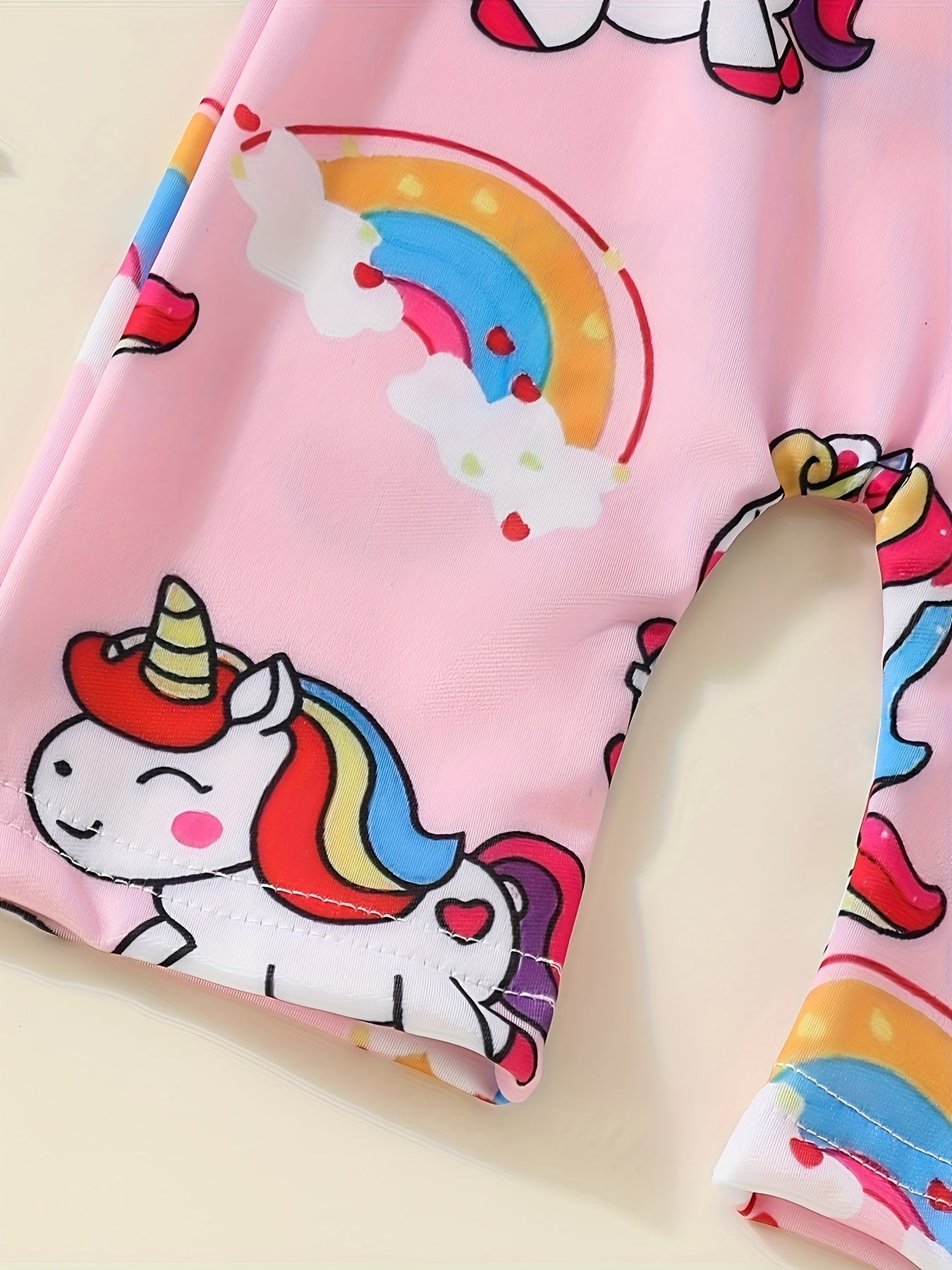 Toddler's Cartoon Rainbow Unicorn Pattern One-piece Swimsuit, Stretchy Short Sleeve Bathing Suit, Baby Girl's Swimwear For Summer Beach Holiday