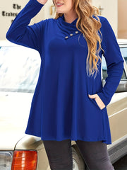 Plus Size Button Decor T-Shirt, Casual Criss Cross Neck Long Sleeve Top For Spring & Fall, Women's Plus Size Clothing