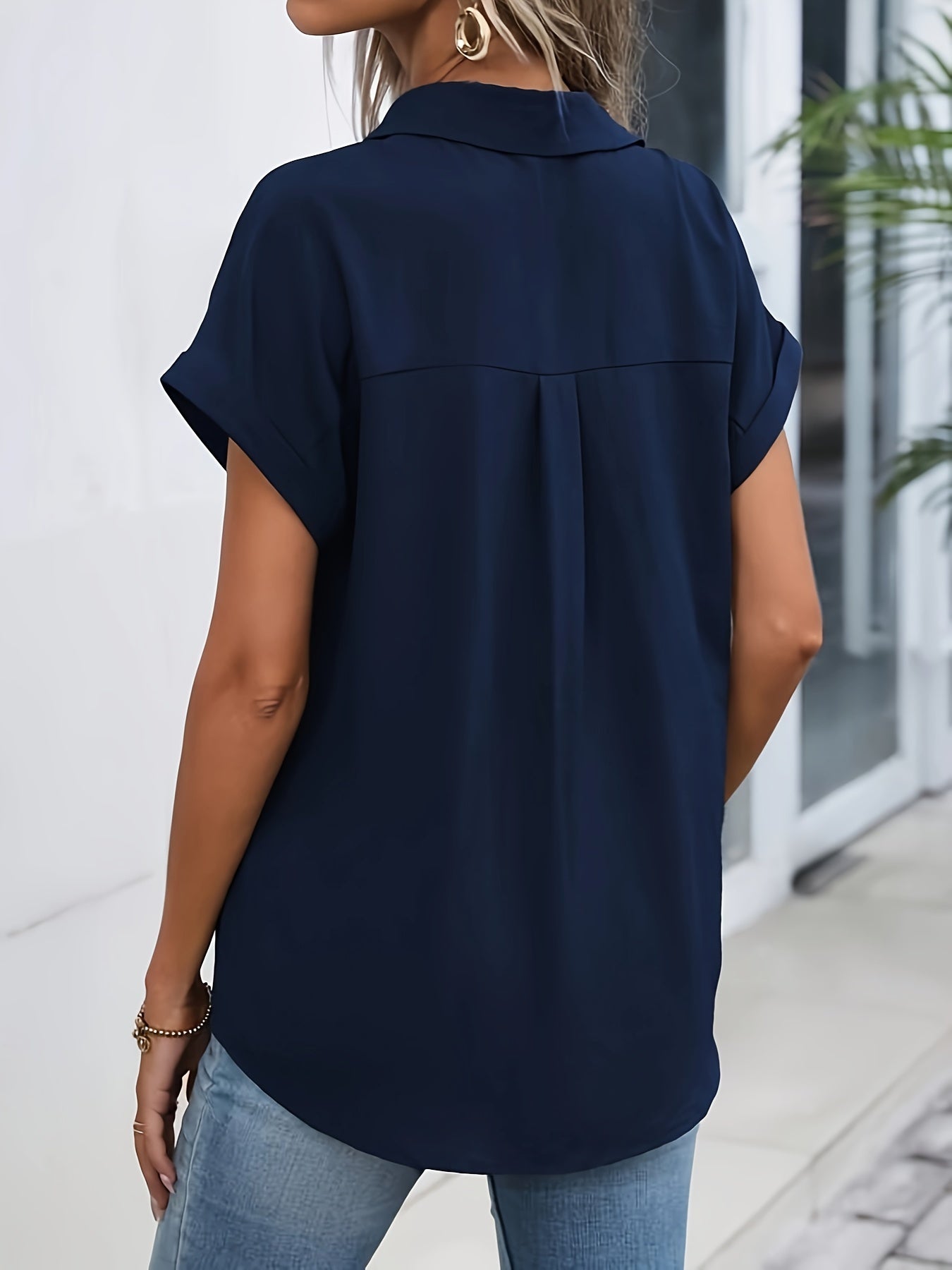 Solid Button Front Simple Blouse, Casual Batwing Sleeve Blouse For Spring & Summer, Women's Clothing