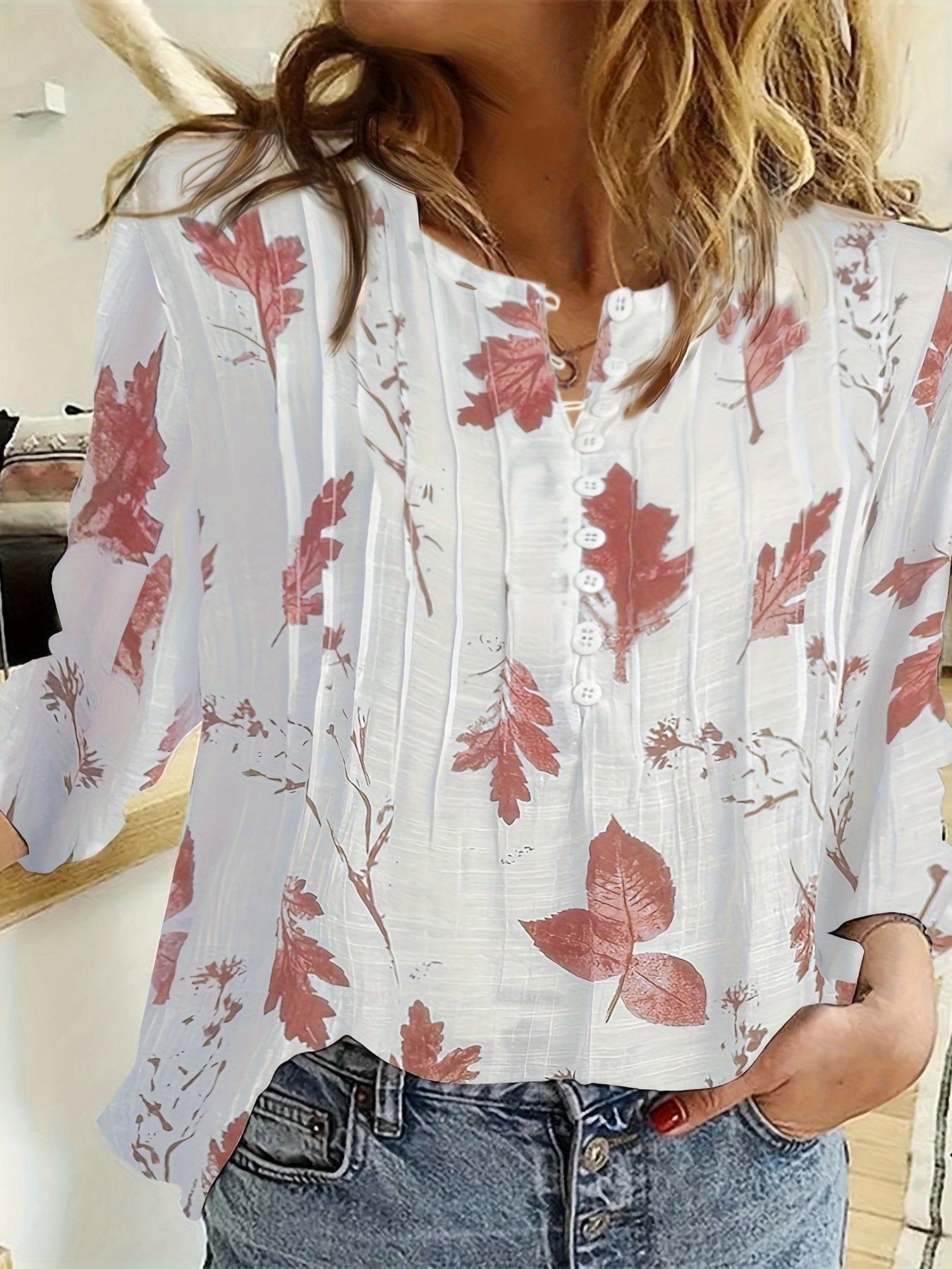 Plant Print Button Notch Neck Blouse, Casual Three-quarter Sleeve Blouse For Spring & Fall, Women's Clothing