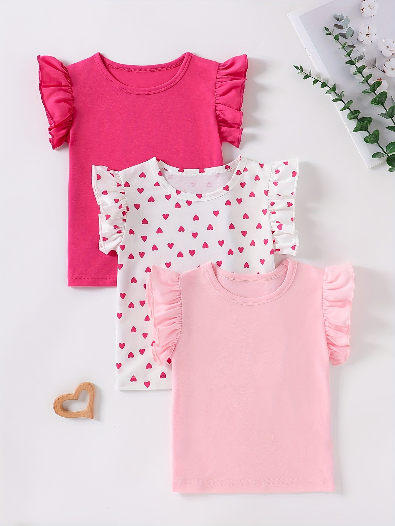 3pcs Girls Adorable Heart Graphic Solid Color Ruffle Trim T-shirt Set - Perfect for Summer Parties & Valentines Day Gifts