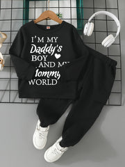 Boy's MOMMY'S WORLD Print Outfit 2pcs, Sweatshirt & Cargo Pants Set, Toddler Kid's Clothes For Spring Fall