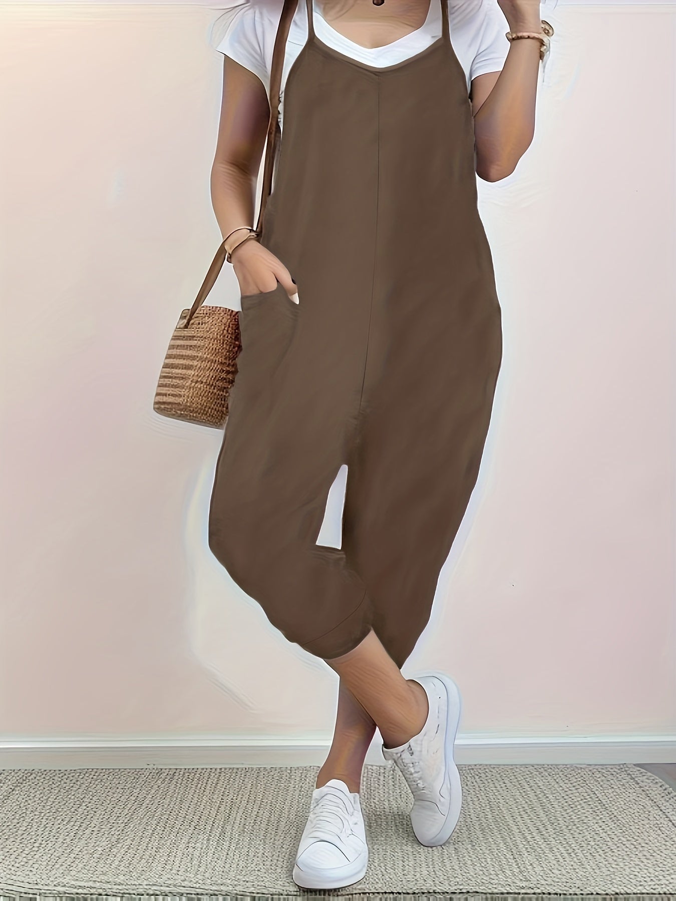 Plus Size Solid Color Overall Jumpsuit, Casual Pockets Overall Jumpsuit For Spring & Summer, Women's Plus Size Clothing