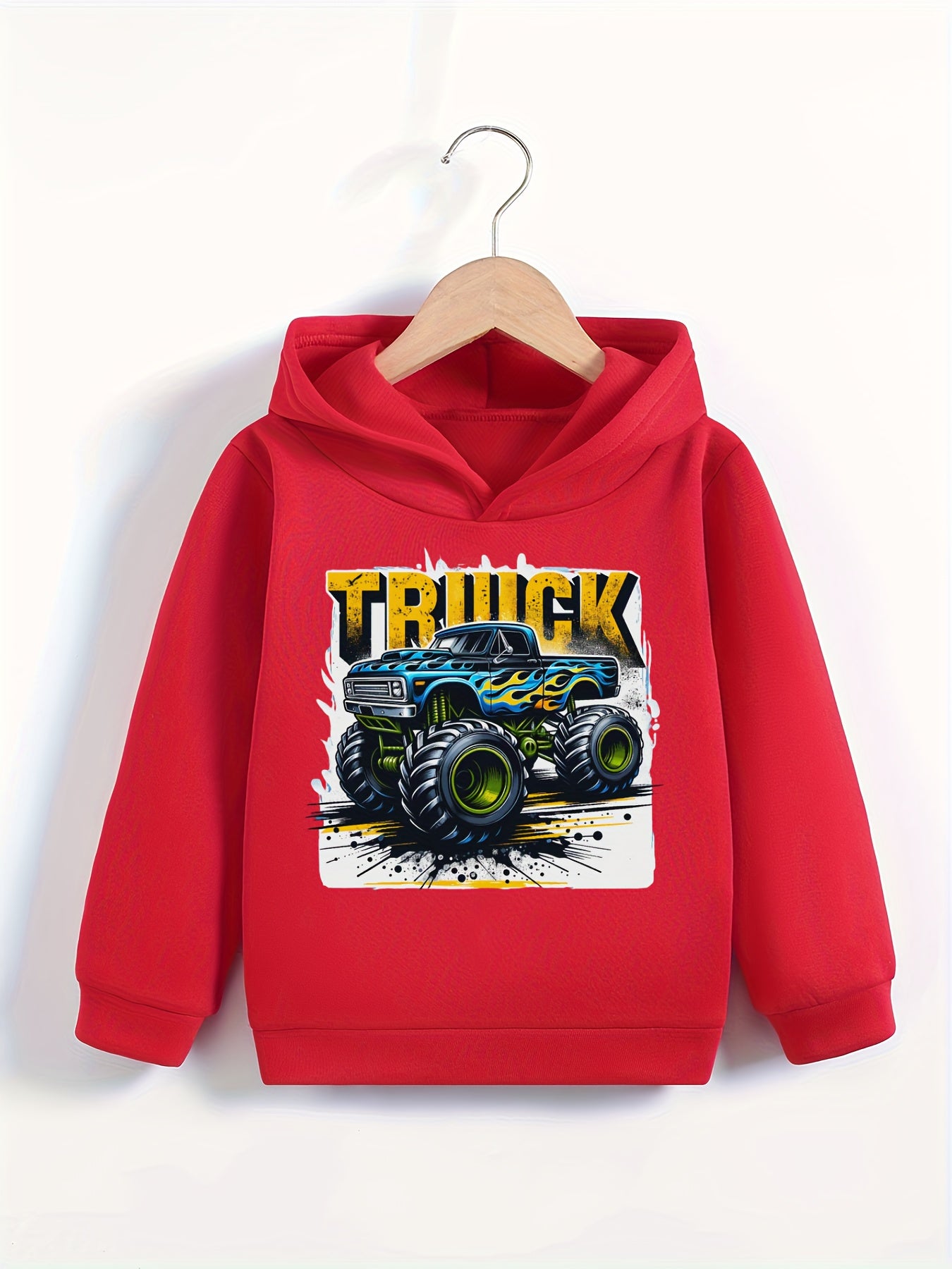 Fashion Monster Truck Graphic Print, Boy's Fashion Casual Comfy Round Neck Pullover Hoodies For Daily And Outdoor Wear, Spring And Fall Tops