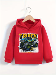 Fashion Monster Truck Graphic Print, Boy's Fashion Casual Comfy Round Neck Pullover Hoodies For Daily And Outdoor Wear, Spring And Fall Tops