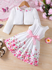 Girls Adorable Long Sleeve Cardigan & Floral Sundress Set - Soft & Stylish Two-piece Outfit for Daily Summer Adventures