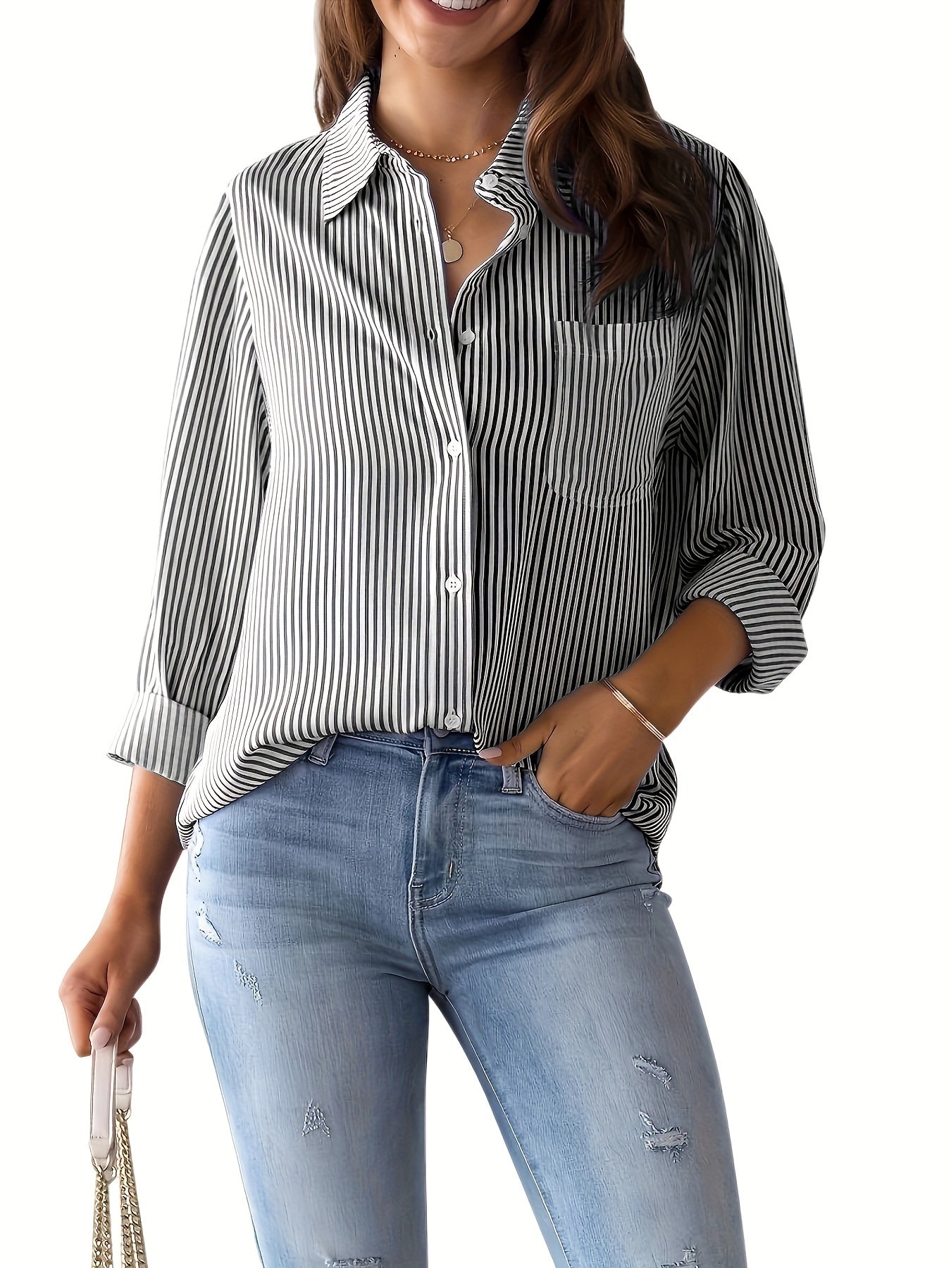 Striped Print Button Front Shirt, Casual Long Sleeve Shirt With Pocket, Women's Clothing