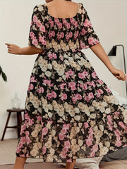 Plus Size Romantic Dress, Women's Plus Floral Print Shirred Butterfly Sleeve Square Neck Smock Maxi Dress