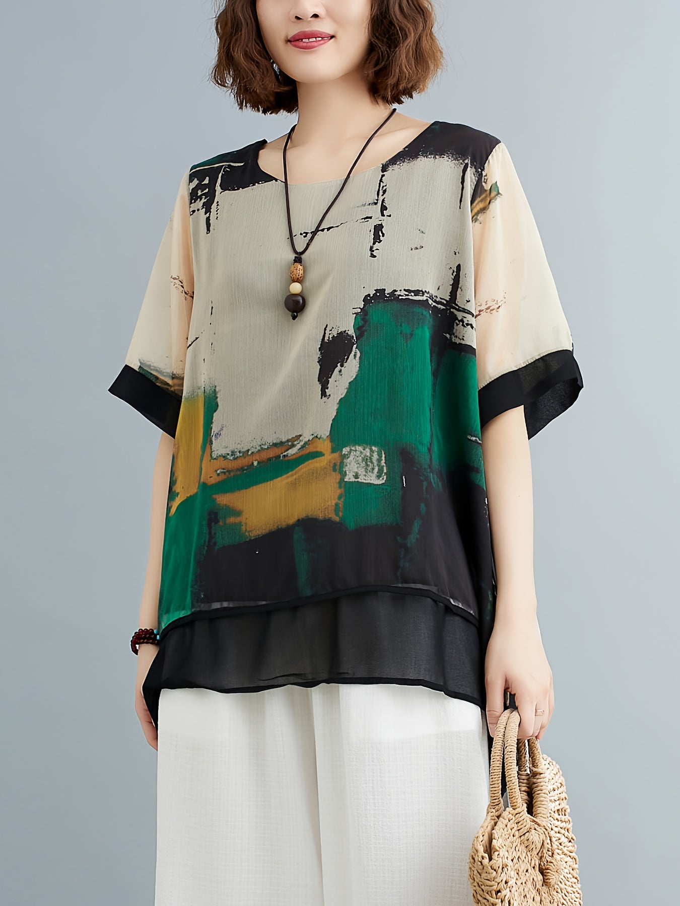 Abstract Print Crew Neck Blouse, Casual Short Sleeve Asymmetric Hem Top For Spring & Summer, Women's Clothing