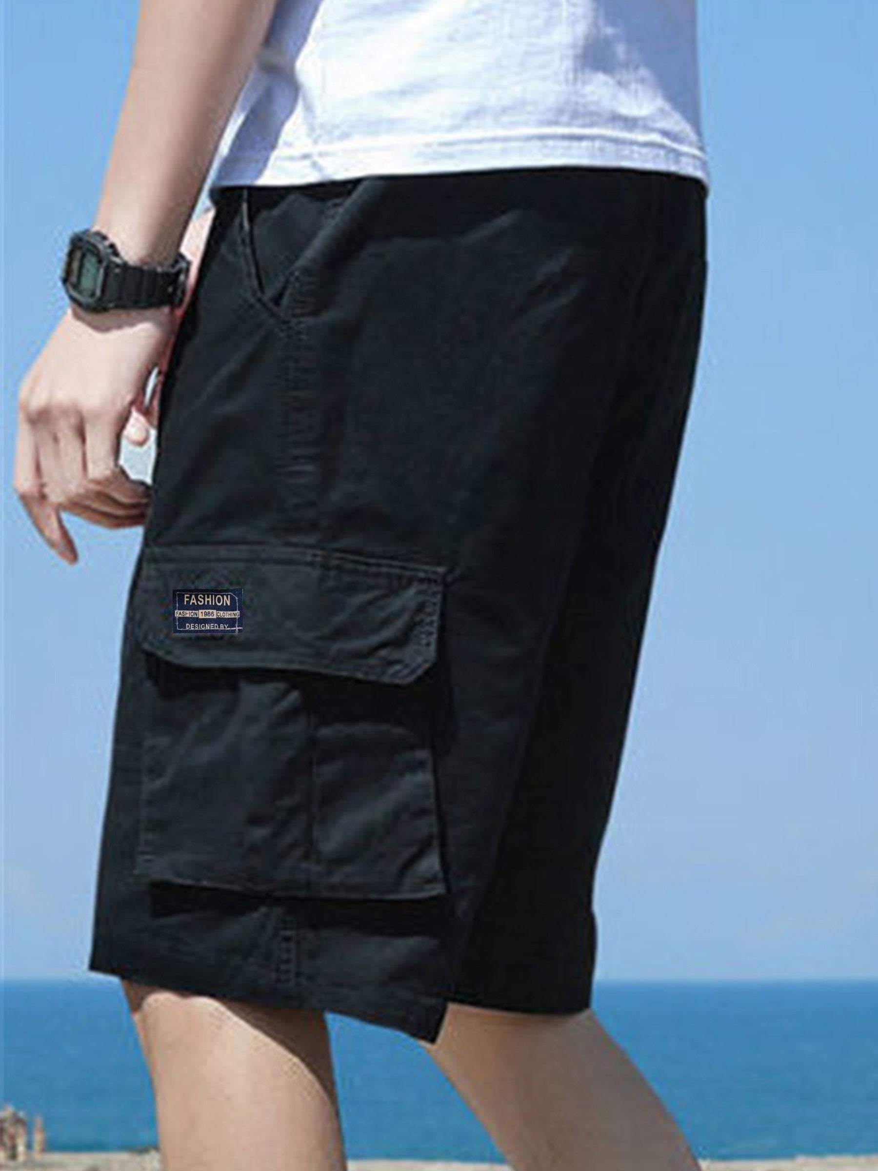 Men's Label Patchwork Solid Cargo Shorts With Flap Pockets, Versatile And Trendy For Summer Outdoors And Sports Wear