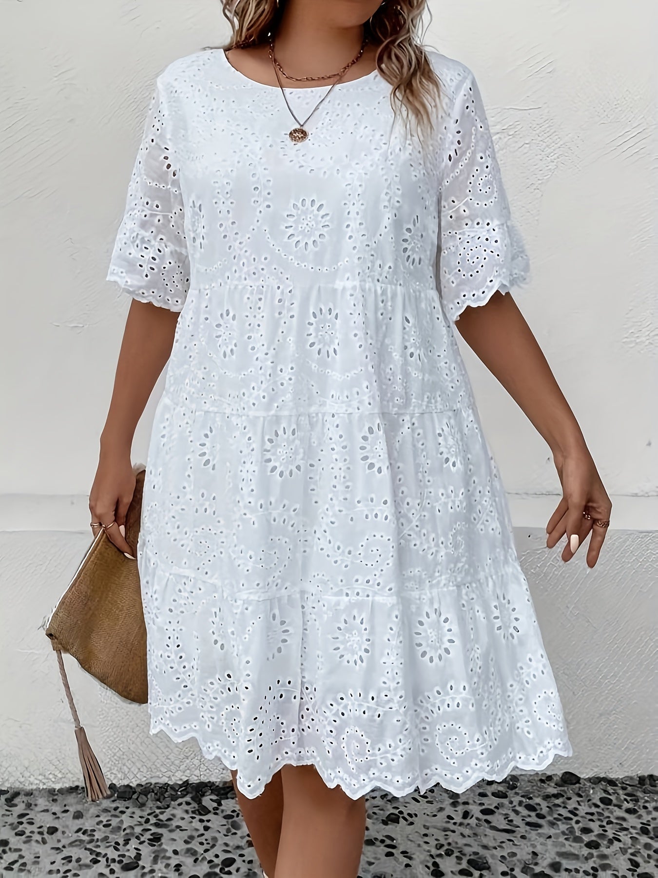 Plus Size Eyelet Embroidery Solid Dress, Elegant Scallop Trim Cut Out Short Sleeve Crew Neck Dress, Women's Plus Size Clothing