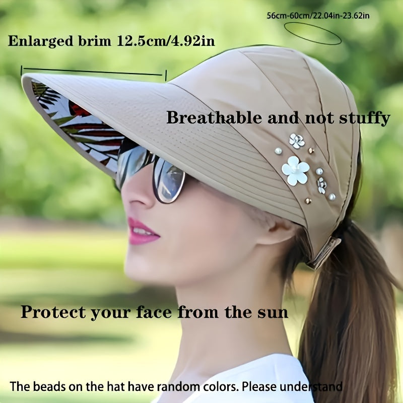 Chic Foldable Beaded Flower Sun Hat - Stylish Knitted Women's UV Protection Visors, Durable And Comfortable Outdoor Wear