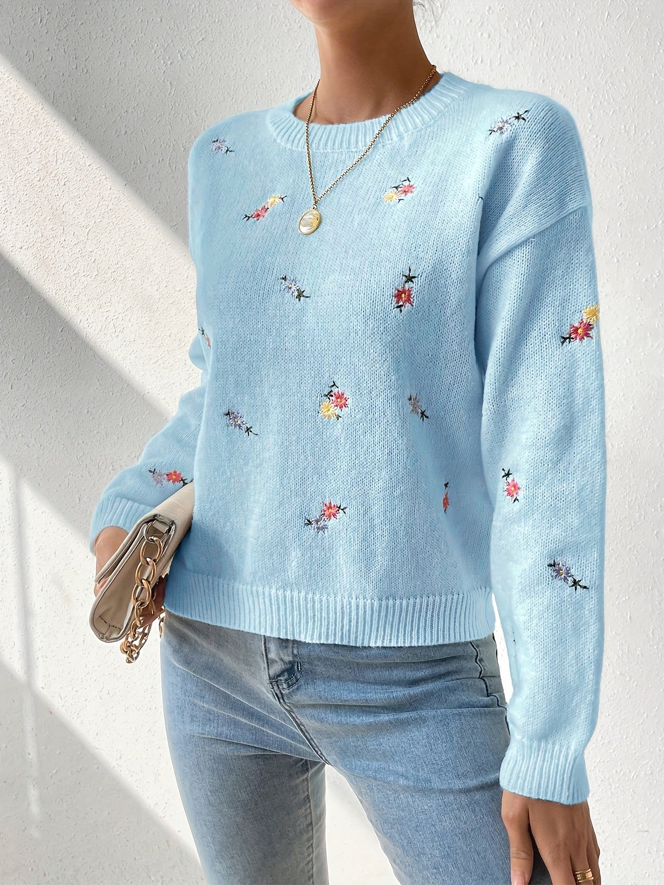 Flower Embroidery Long Sleeve Sweater, Casual Drop Shoulder Crew Neck Pullover Sweater For Fall & Winter, Women's Clothing