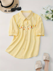 Floral Embroidered Striped Print Blouse, Cute Short Sleeve Blouse For Spring & Summer, Women's Clothing