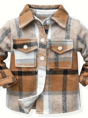 Kids Casual Plaid Button-Down Shirts, Polyester Blend, Lapel Collar, Non-Stretch, Long Sleeve, Regular Length, Spring/Fall, Single Breasted Pajama Top, Ages 12 & Under