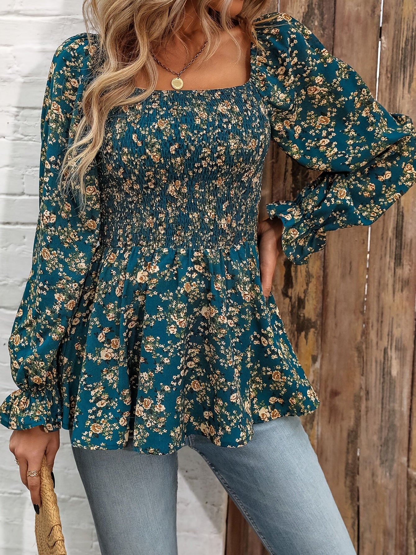 Floral Print Square Neck Aline Blouse, Vintage Long Sleeve Smocked Blouse For Spring & Fall, Women's Clothing