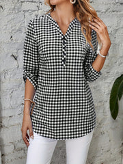 Plaid Print Button Front Shirt, Casual V Neck Shirt For Spring, Women's Clothing