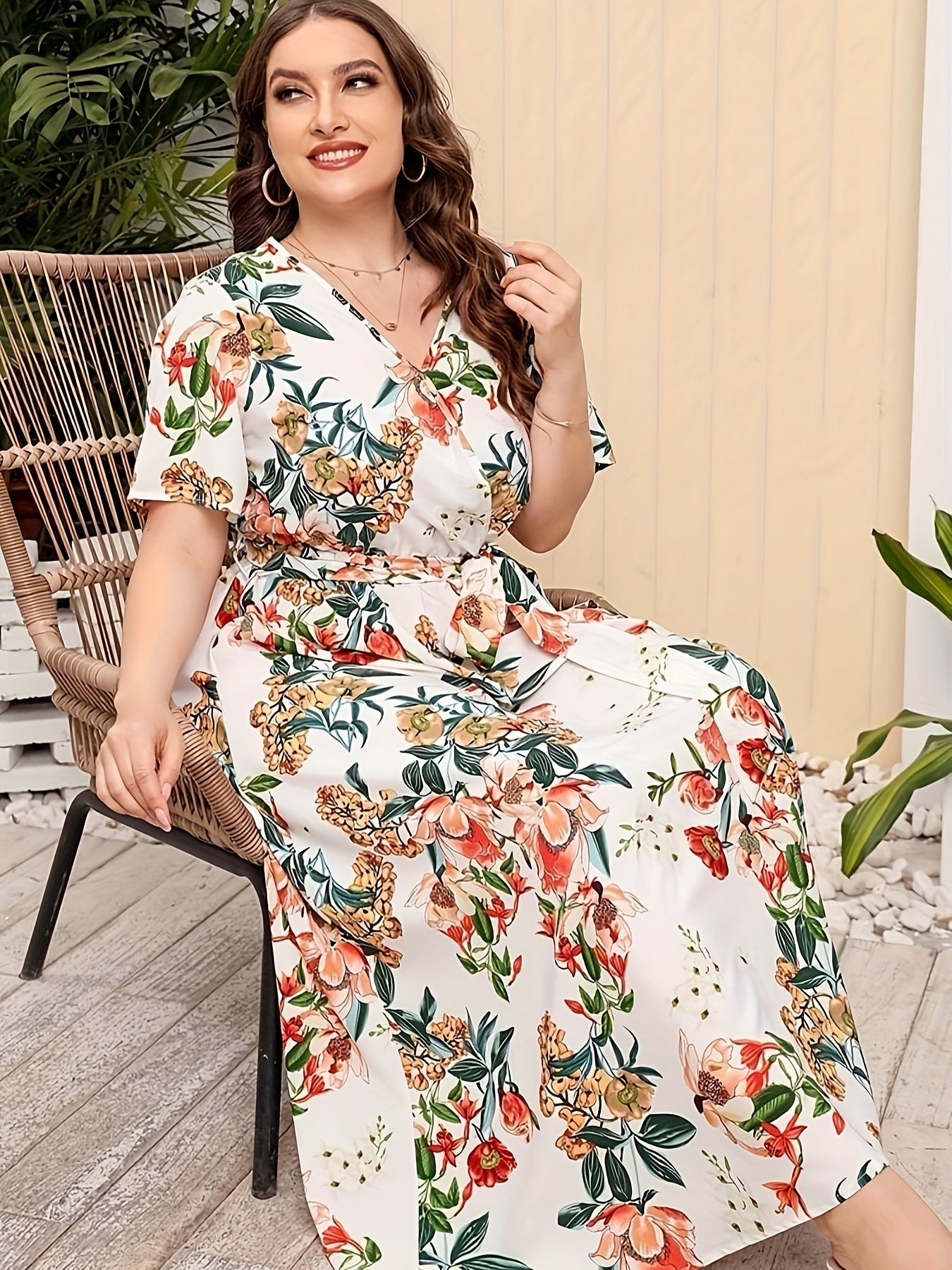 Plus Size Floral Print Surplice Neck Dress, Casual Short Sleeve Belted Dress For Spring & Summer, Women's Plus Size Clothing