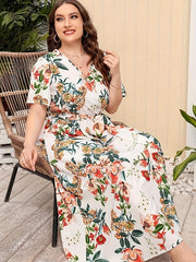 Plus Size Floral Print Surplice Neck Dress, Casual Short Sleeve Belted Dress For Spring & Summer, Women's Plus Size Clothing