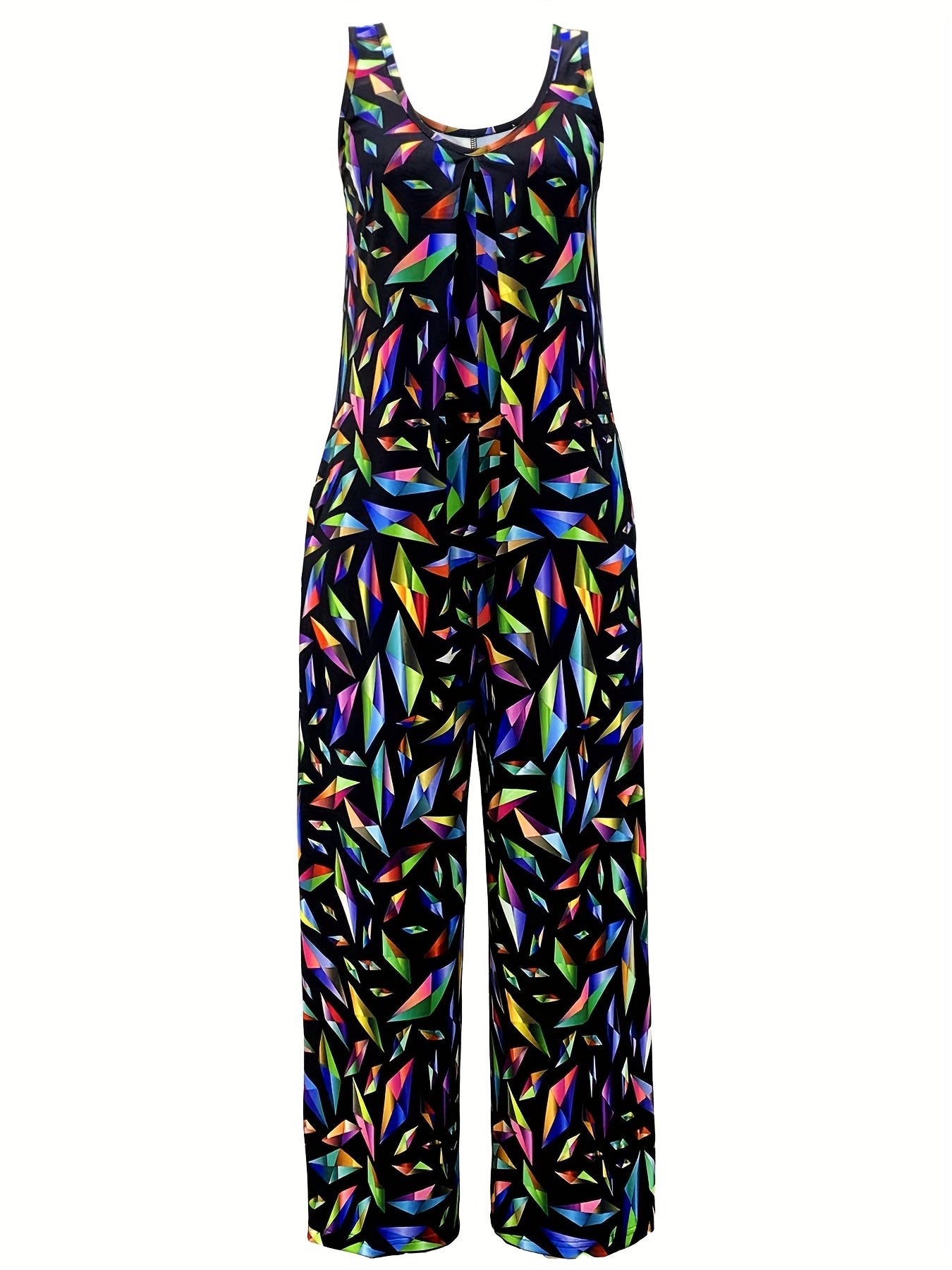 Plus Size Geo Print Jumpsuit, Casual Sleeveless Jumpsuit With Pockets For Spring & Summer, Women's Plus Size Clothing