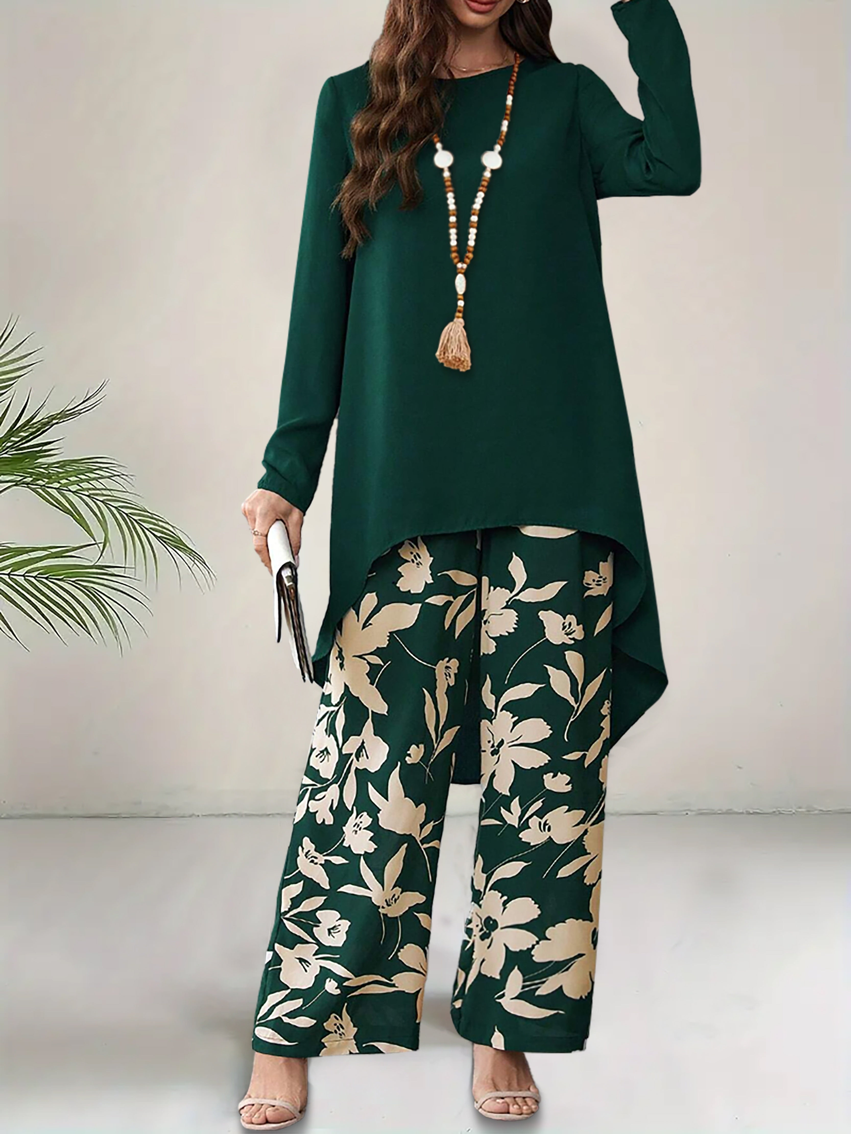 Loose Print Matching Two-piece Set, Casual Solid Long Sleeve Crew Neck High Low Hem Asymmetrical Hem Top & Floral Print Pants Outfits, Women's Clothing