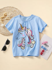 Cartoon Unicorns & Stars Graphic Print Tees, Girls 3pcs/set Casual & Trendy Cotton T-shirts For Spring & Summer, Girls Comfy Clothes For Street Wear