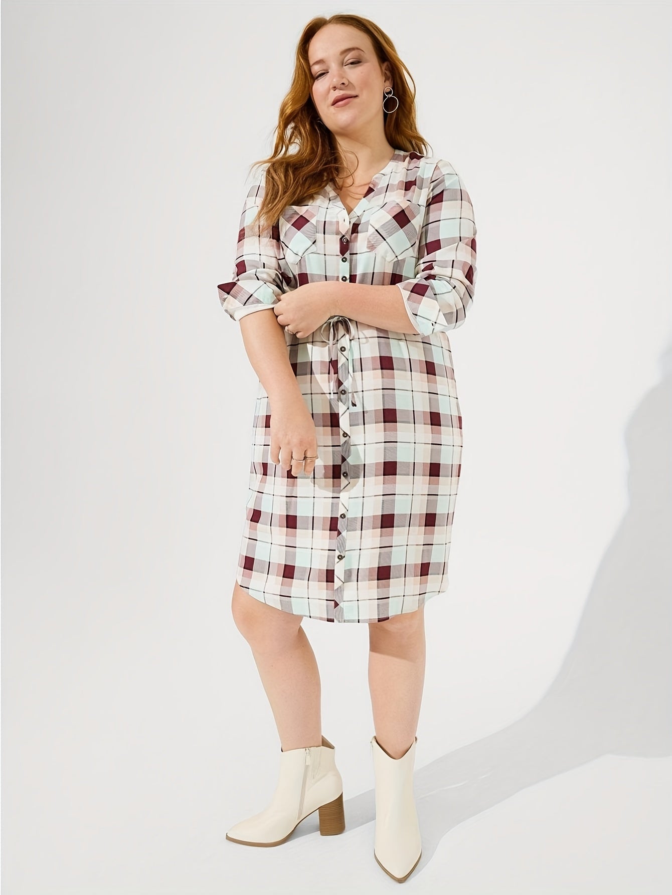 Plus Size elegant Dress, Women's Plus Plaid Print Drawstring Button Up Long Sleeve V Neck Shirt Dress