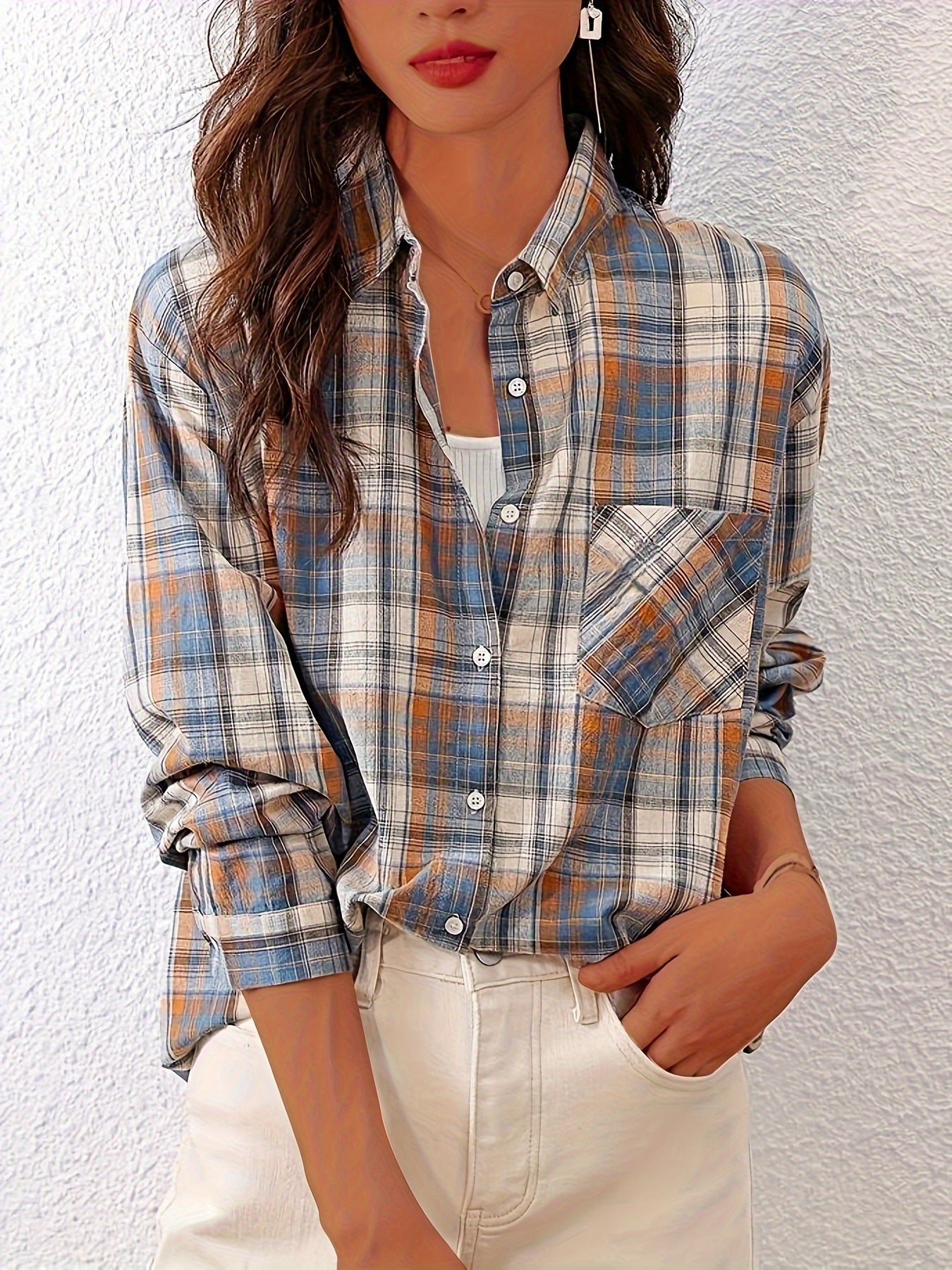 Button Up Plaid Shirt, Casual Pocket Shirt, Women's Clothing