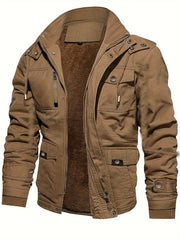 Men's Casual Warm Fleece Lined Cargo Jacket, Chic Multi Pocket Jacket For Fall Winter