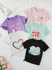 5-Pack Girls' Summer Crew Neck Short Sleeve T-Shirts With Cartoon Bunny, Flowers, Deer, 5% Battery & Heart Graphic Print, Girls' Casual & Comfy Tees