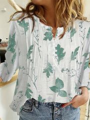 Plant Print Button Notch Neck Blouse, Casual Three-quarter Sleeve Blouse For Spring & Fall, Women's Clothing