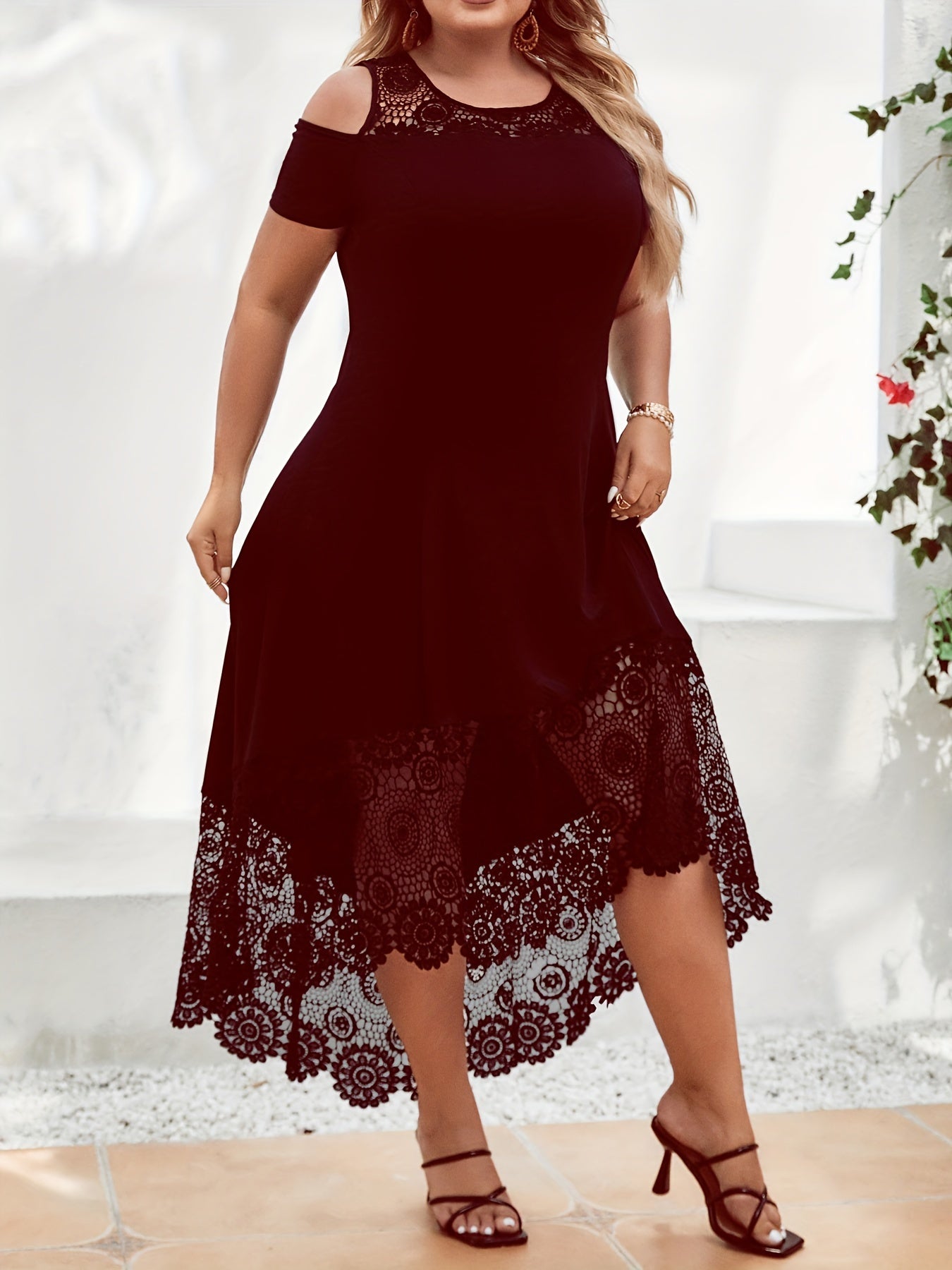 Chic Plus Size Womens Casual Dress - Fashionable Solid Color with Contrast Lace Trim, Cold Shoulder Design, Asymmetrical Hem, Medium Stretch for Flattering Comfort