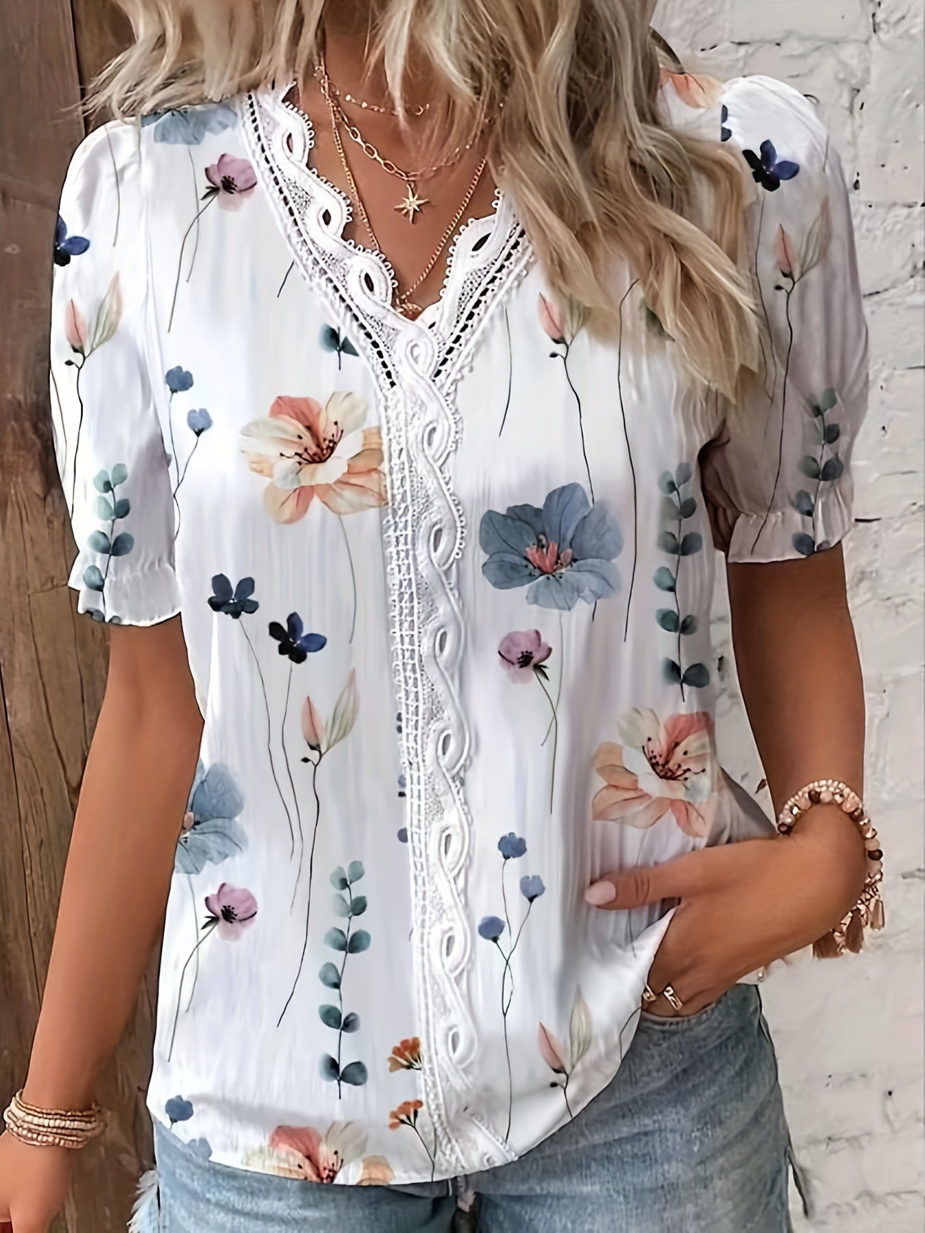 Floral Print V Neck Lace Trim Blouse, Boho Puff Sleeve Blouse For Summer, Women's Clothing