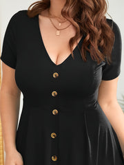 Plus Size Solid Button Front Swing Dress, Casual Short Sleeve V Neck Knee Length Dress For Spring & Summer, Women's Plus Size Clothing