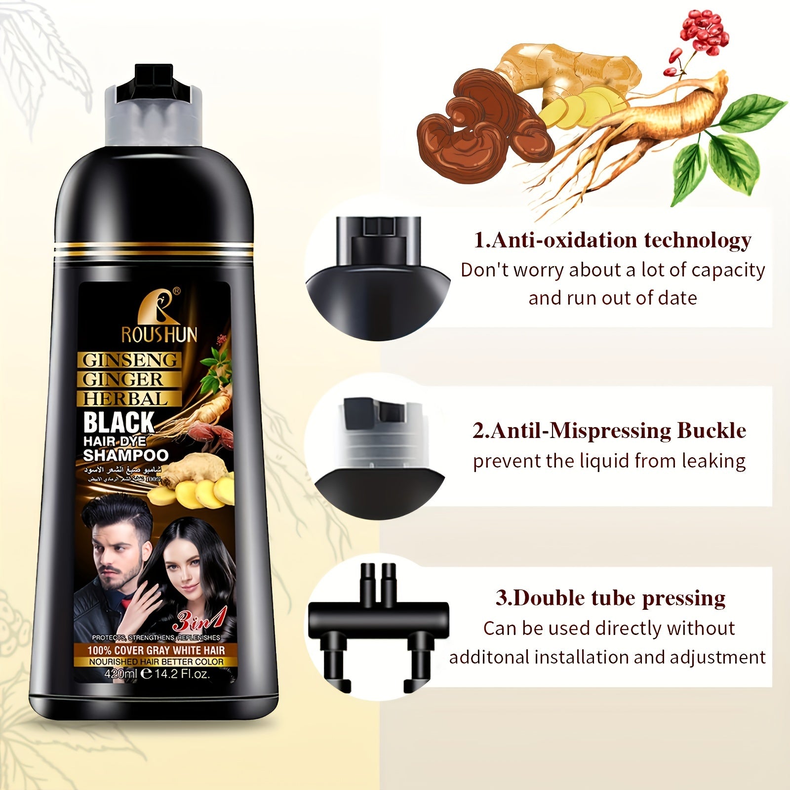 420ml Black Hair Color Shampoo For Gray Hair, Instant Hair Dye Shampoo, Hair Coloring In Minutes, Natural And Long Lasting Color Hair Dye Shampoo For Men And Women