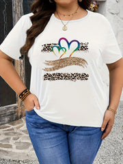 Plus Size Heart & Leopard Print T-Shirt, Casual Short Sleeve Top For Spring & Summer, Women's Plus Size Clothing