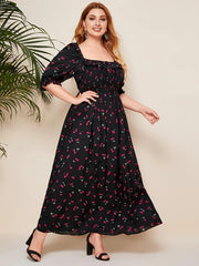 Plus Size Cherry Pattern Puff Sleeve Dress, Elegant Tie Front Square Neck Dress For Spring & Summer, Women's Plus Size Clothing