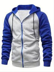 Men's Casual Hooded Jacket - Full Zip, Solid Color, Long Sleeve Polyester Coat for Autumn & Winter Warmth