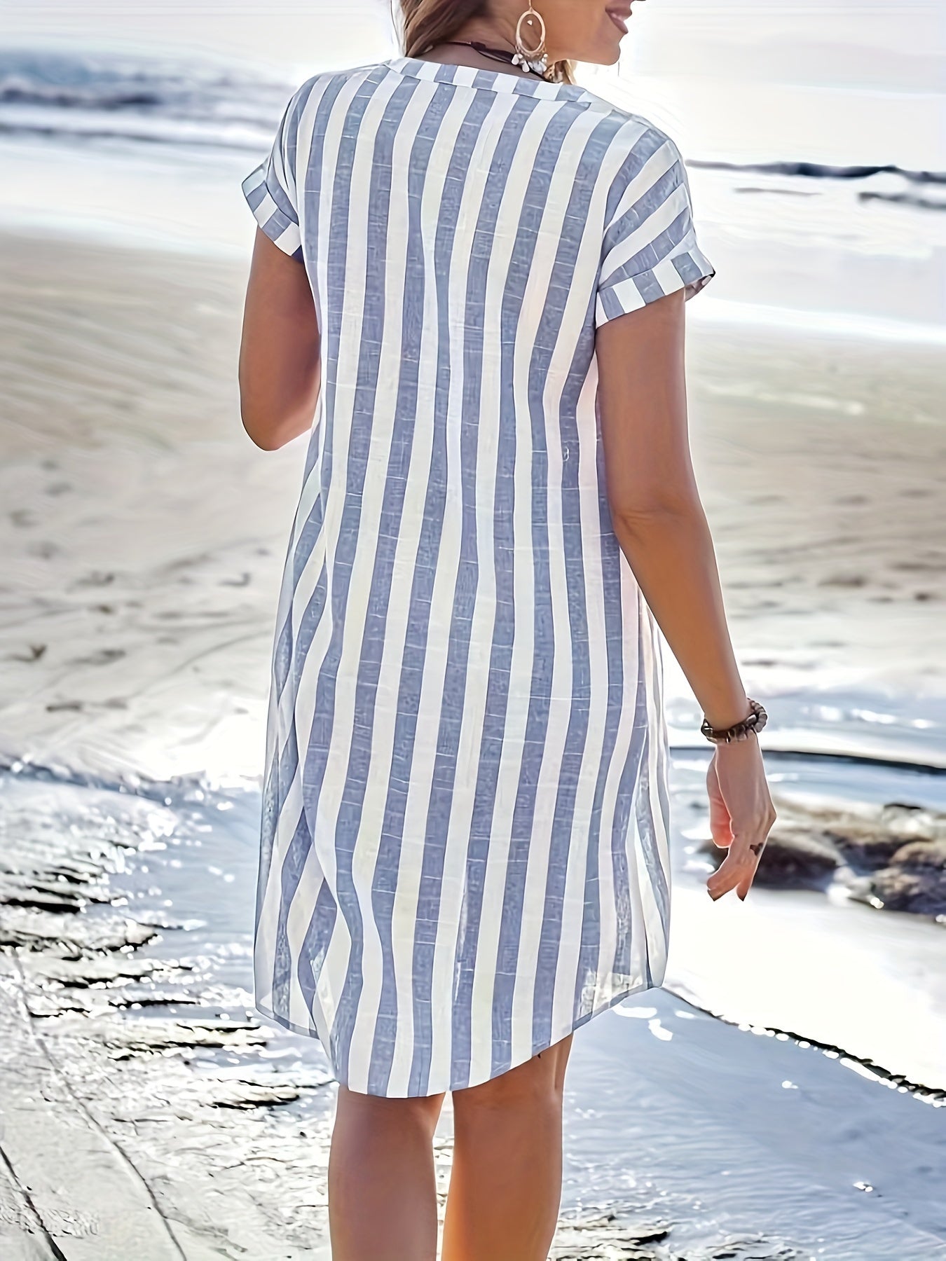 Striped Button Front Notched Neck Dress, Casual Short Sleeve Dress For Spring & Summer, Women's Clothing