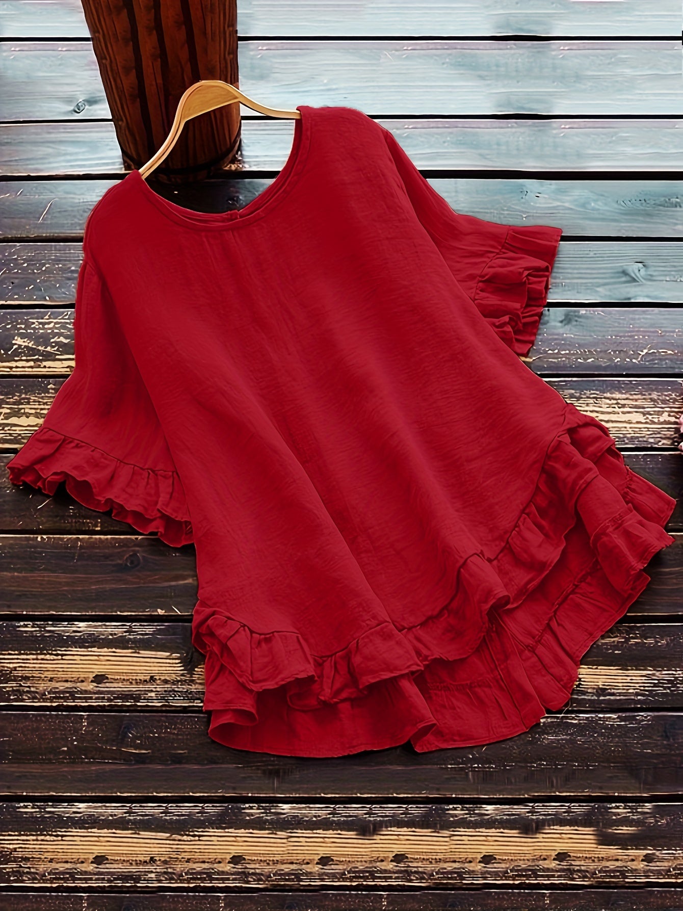 Sold Ruffle Trim Simple Blouse, Casual Button Back Blouse For Spring & Summer, Women's Clothing