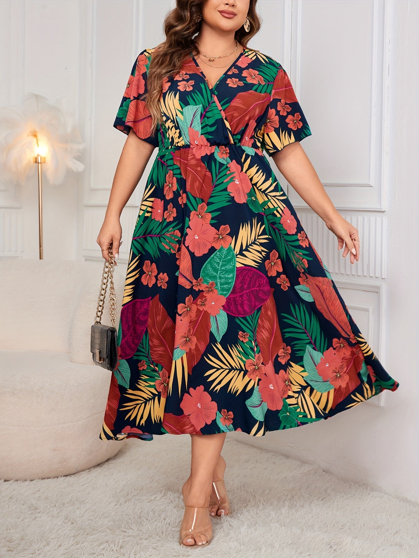 Plus Size Tropical Paradise Dress - Flattering Cinched Waist, Flutter Sleeves, Surplice Neckline - Stylish Midi Vacation Dress for Spring & Summer - Designed for Womens Plus Sizes